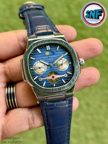Patek Philippe Moonphase Open-Heart leather Strap Silver Case