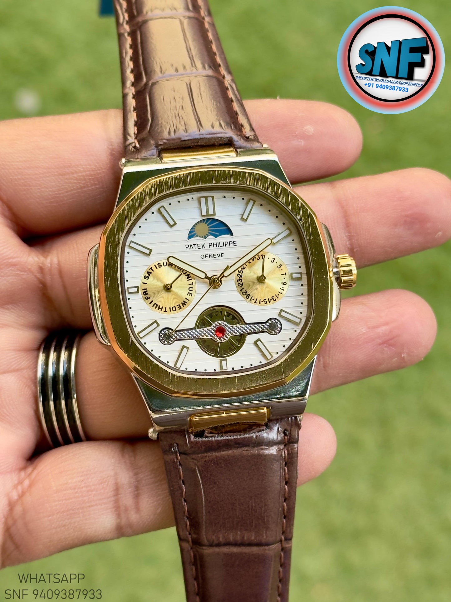 Patek Philippe Moonphase Open-Heart leather Strap Gold Case