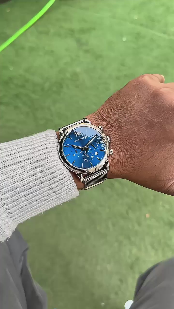 Emporio Armani AR1811 The Sleek Milanese Mesh strap and Bold Blue Dial