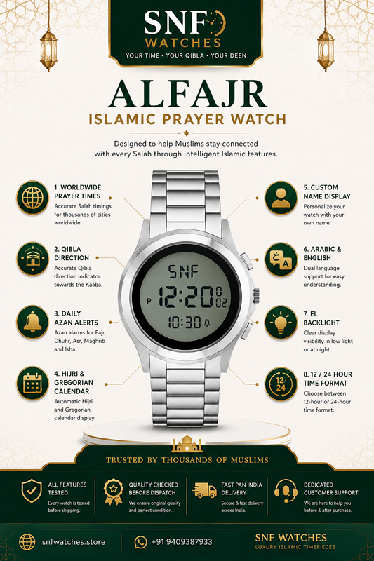 Alfajr Classic Round Shape Islamic Digital Watch WR-02 Full Silver